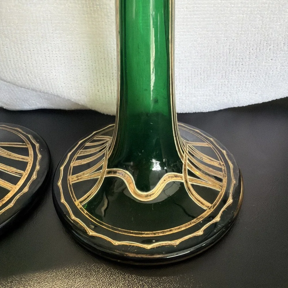 Vtg Art Nouveau Jugendstil Gold Gilded Green Satin Glass Vases 2 Ea Circa 1900s‎